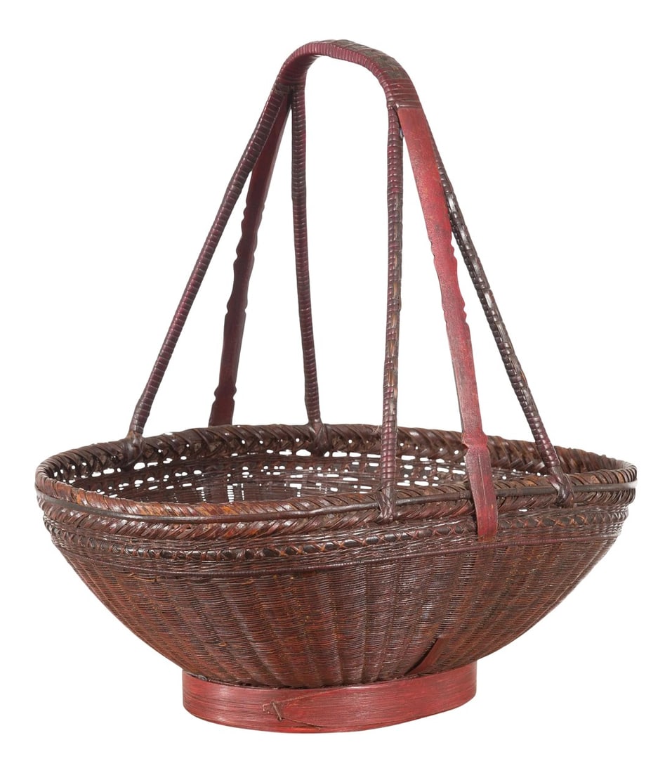 Chinese Woven Rattan Red and Brown Market Basket with Large Tripartite Handle (1 of 13)