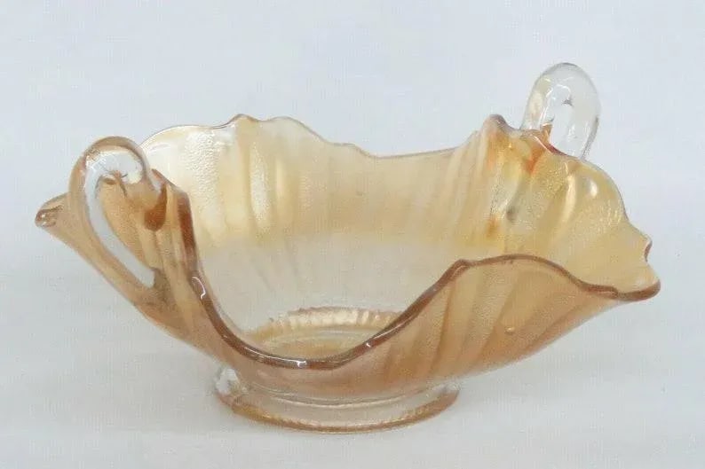 Fenton Stippled Rays Style Marigold Carnival Glass Bonbon Dish Two Handles - 11