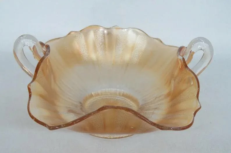 Fenton Stippled Rays Style Marigold Carnival Glass Bonbon Dish Two Handles - 2