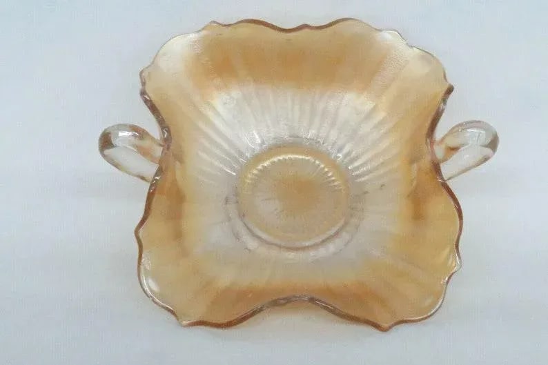 Fenton Stippled Rays Style Marigold Carnival Glass Bonbon Dish Two Handles - 3