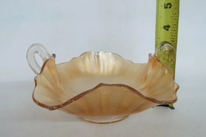 Fenton Stippled Rays Style Marigold Carnival Glass Bonbon Dish Two Handles - 4