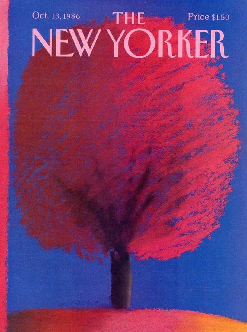 1986, Original New Yorker Cover, October 13 (Merle Nacht), Vintage Print, Fall Colors: Original vintage New Yorker magazine cover from October 13, 1986 featuring a Fall Colors theme. Based on a work by the American artist Merle Nacht, a graduate of Yale's Saybrook College. In addition