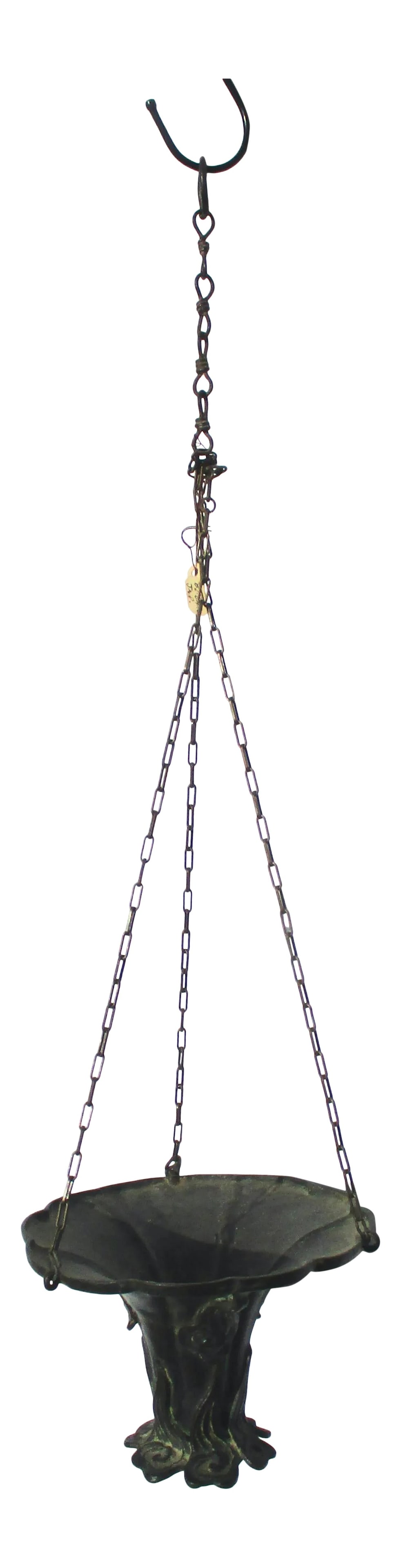 19th Century Edo Japanese Bronze Hanging Vase: Japanese Edo period bronze hanging vase with 3-chain suspension. Lobbed rim with cloud-formed walls. Finely formed chain link attached by s-hooks rising up to a join-ring. The vessel stands on