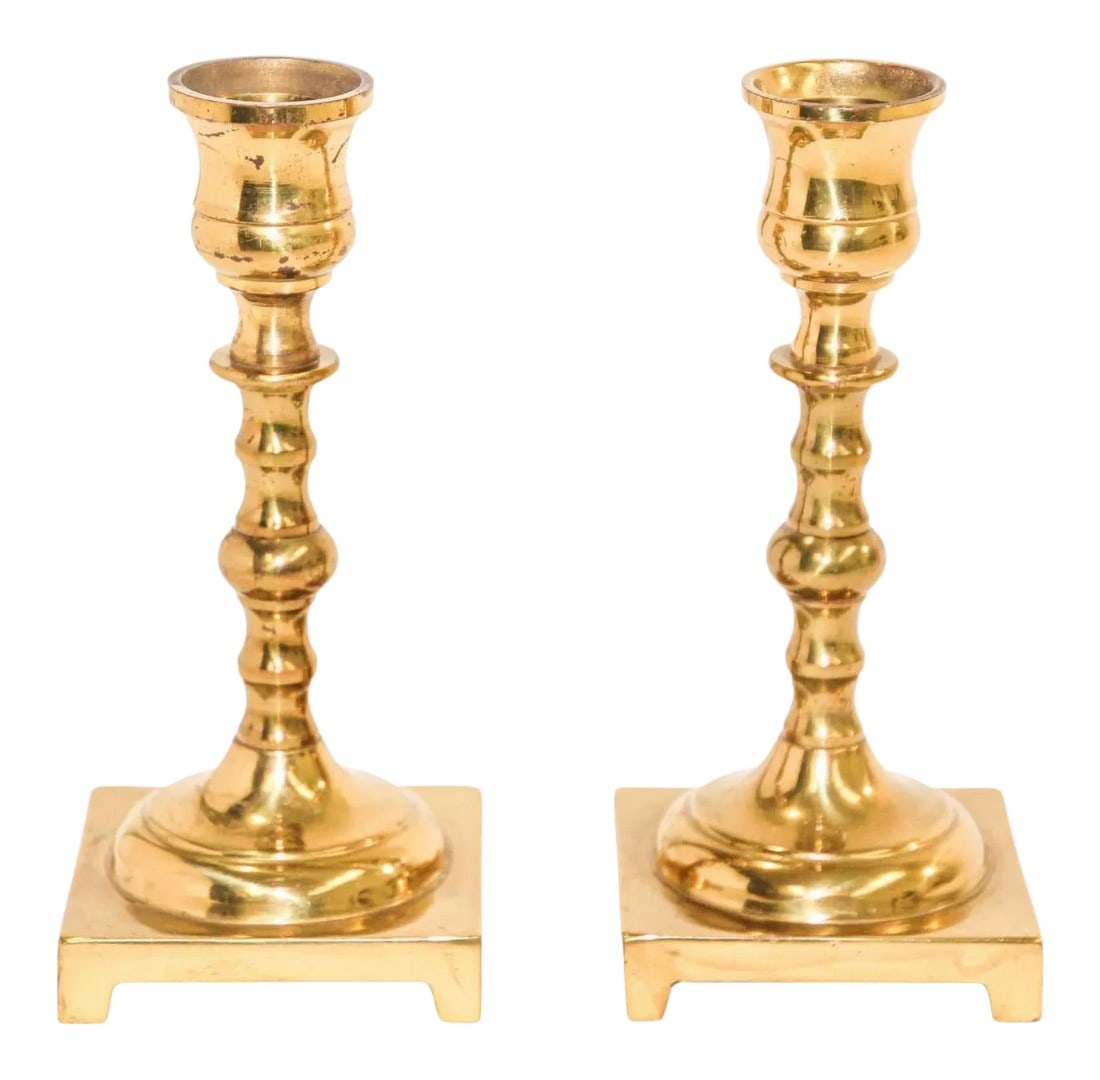 Georgian Polished Brass Candle Holders - A Pair: Pair of Georgian polished brass candlesticks, candle holder with square base. Fine small pair of solid polished brass English candlesticks. Polished by hand in our workshop. (We go through the