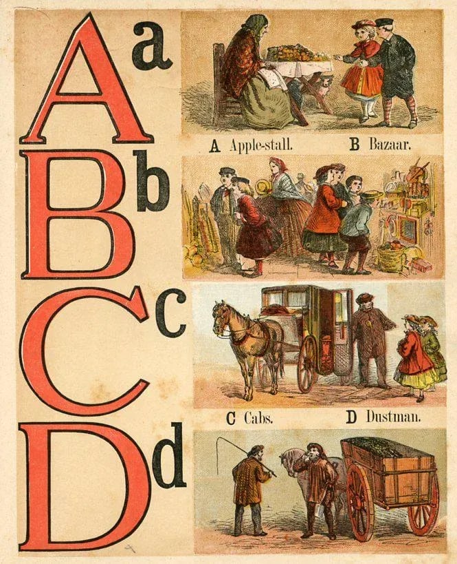 1870s London Alphabet Print, a to D, Original Color Engraving - 3