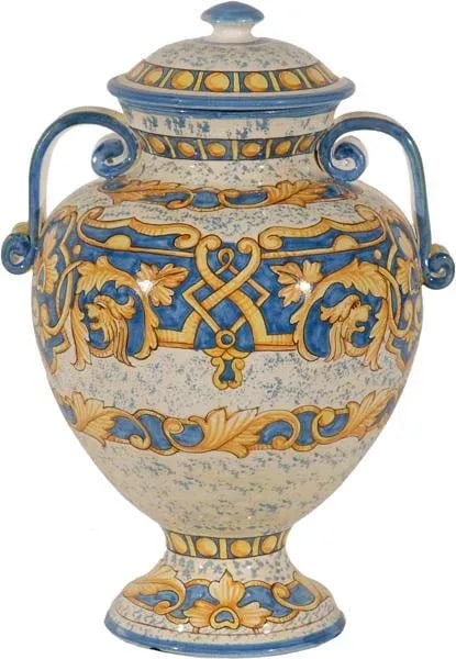 1990s Italian Hand-Painted Blue Urn With Scrolled Handles - 11