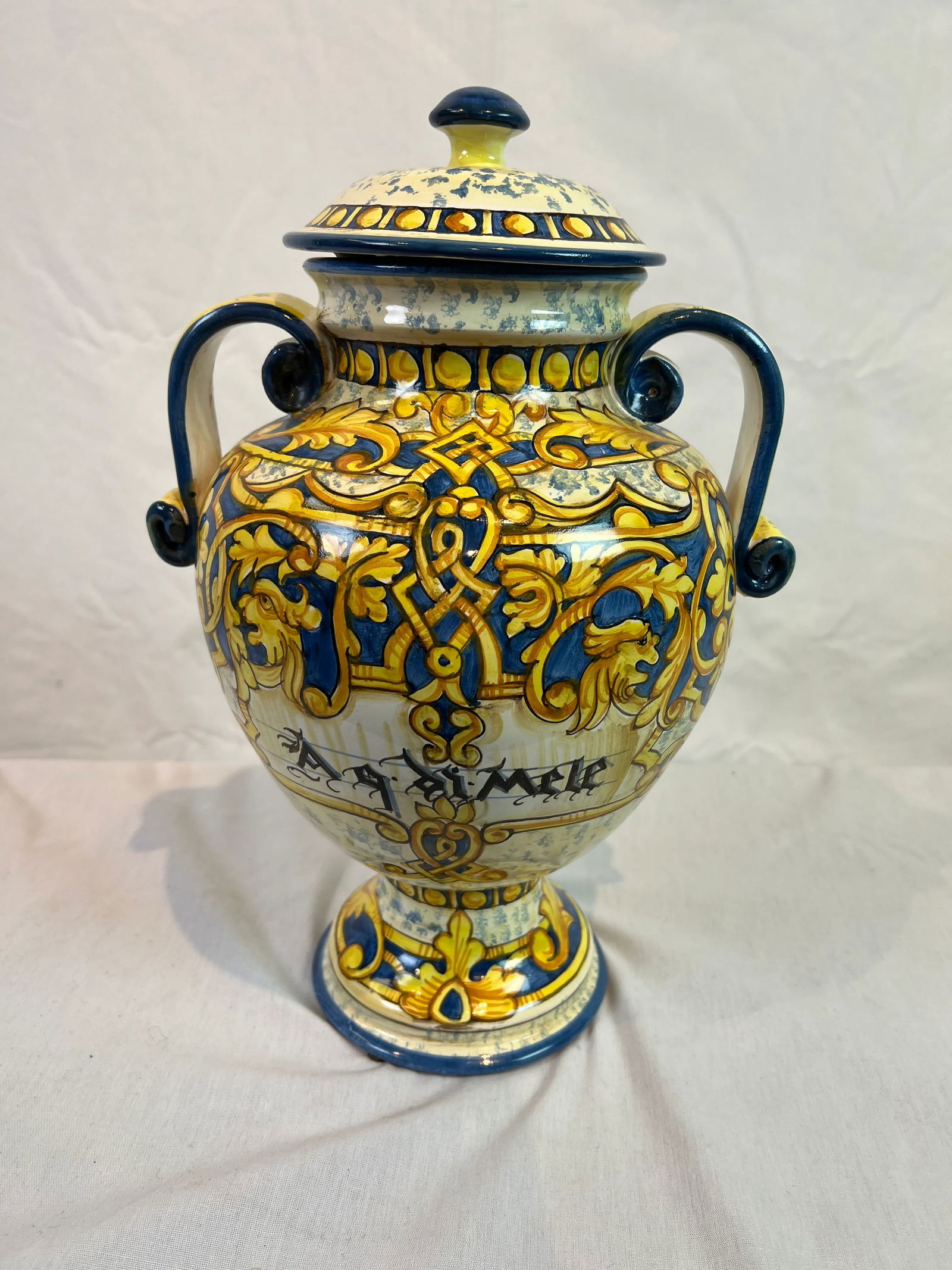 1990s Italian Hand-Painted Blue Urn With Scrolled Handles - 12