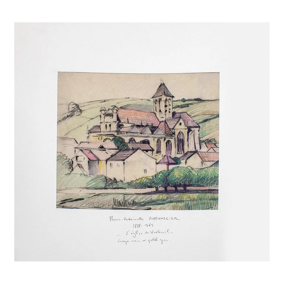Early 20th Century "L'Eglise De Vetheuil or the Church At Vetheuil" Naturalistic Aquarelle Watercolo: Mary Antoinette Amennecier is a french watercolor and drawing artist born in 1888 and died in 1994. Most of her art is focused on the amazing landscapes and architecture around her home town and far