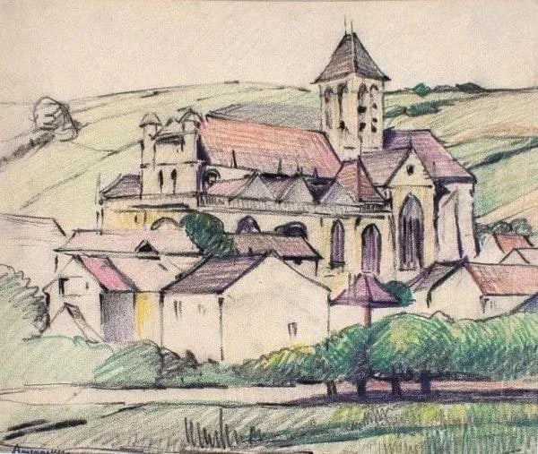 Early 20th Century "L'Eglise De Vetheuil or the Church At Vetheuil" Naturalistic Aquarelle Watercolo - 2