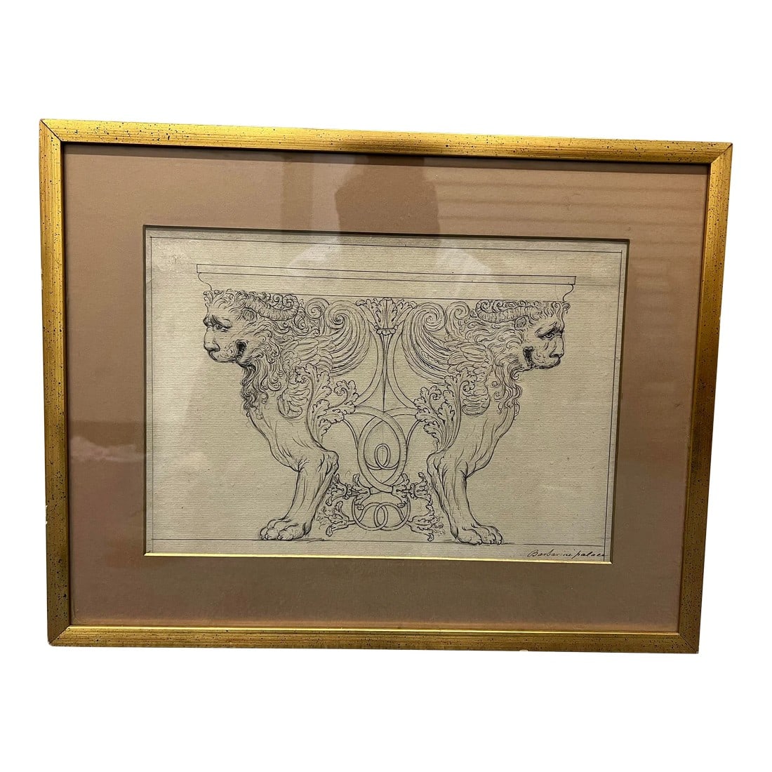 19th Century Italian Architectural Drawing on Paper, Framed: An early 18th or 19th century architectural concept drawing of opposing lions with marble top likely as a console table. Marked in early ink to lower right "Barberini Palace" Condition:
