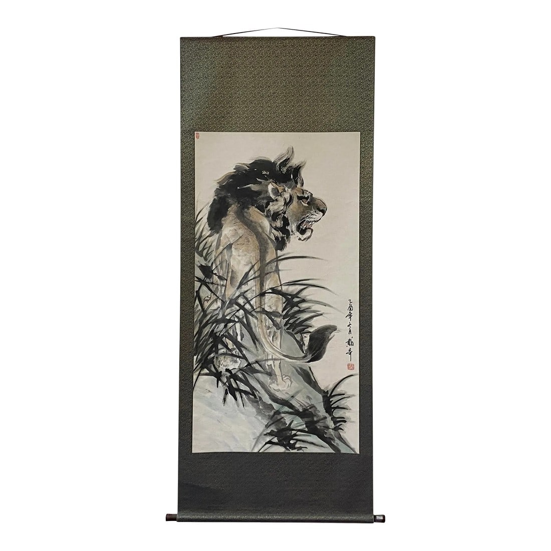 Chinese Black White Ink Lion Theme Scroll Painting Original Wall Art: This is a Chinese art master original painting in high quality with Lion as the theme. Dimensions: w31" x h79.5" Origin: China Material: Paper Condition: Good , handpainted, minor fold mark . Insuranc