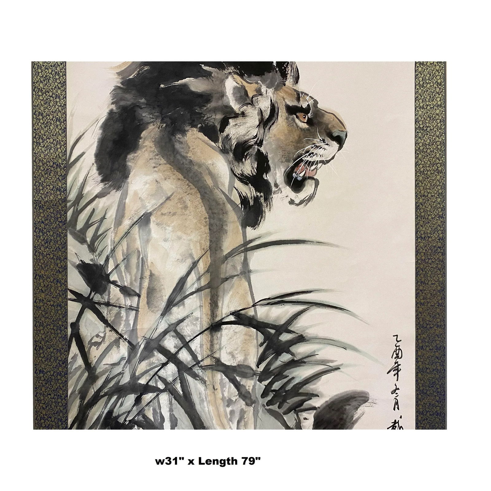 Chinese Black White Ink Lion Theme Scroll Painting Original Wall Art - 2