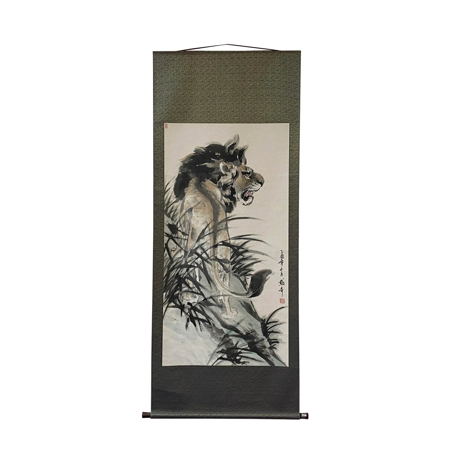 Chinese Black White Ink Lion Theme Scroll Painting Original Wall Art - 8