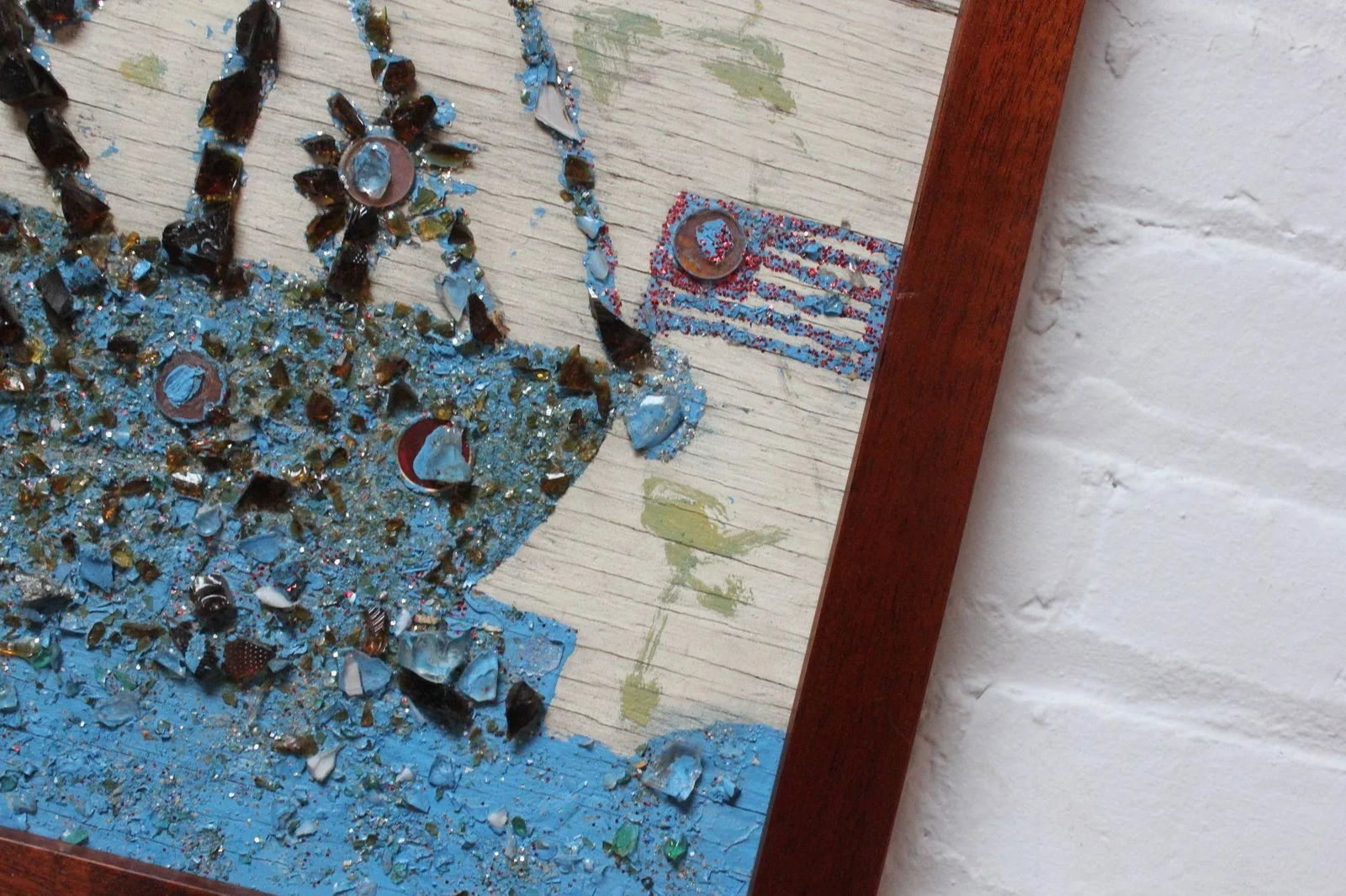 Folk Art Uss Constitution Mixed Media Sea Glass Mosaic on Board - 10