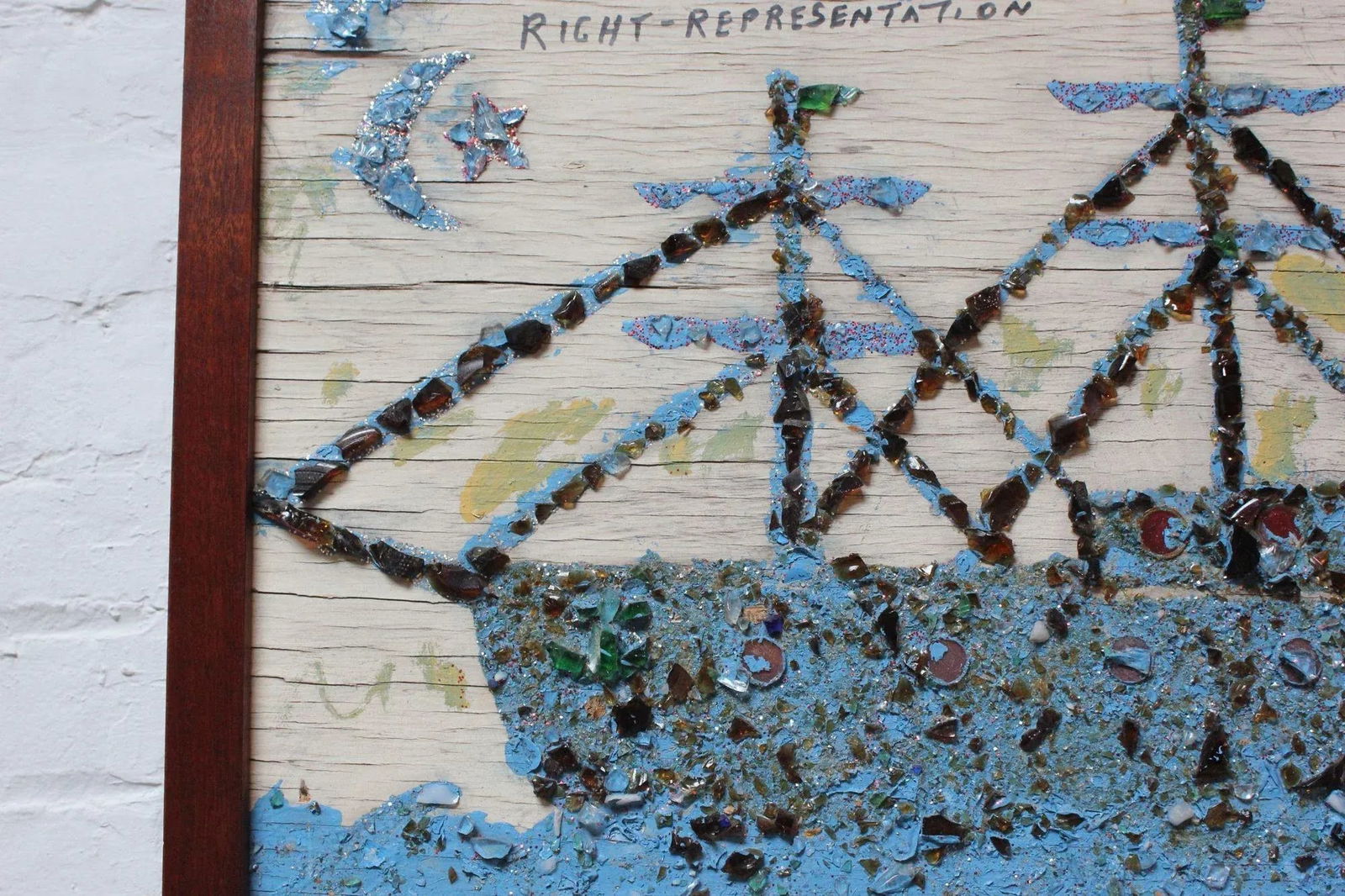 Folk Art Uss Constitution Mixed Media Sea Glass Mosaic on Board - 11