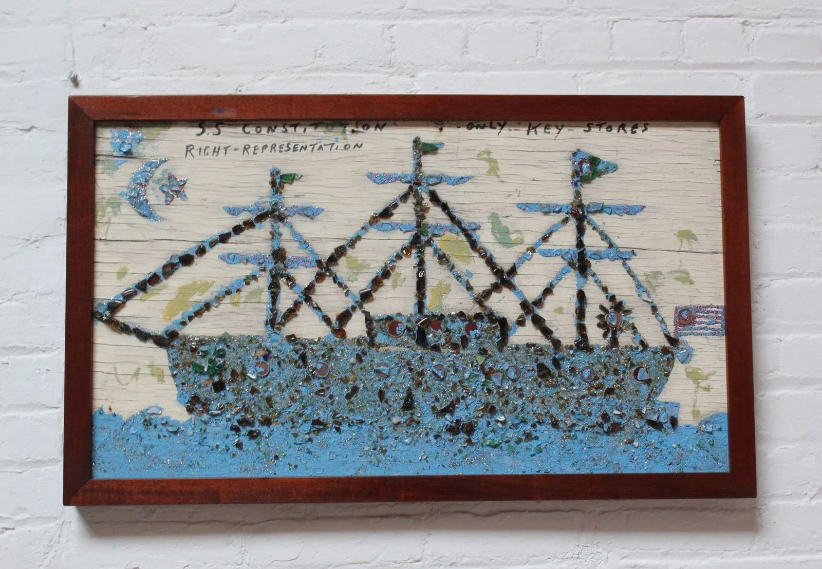 Folk Art Uss Constitution Mixed Media Sea Glass Mosaic on Board - 13