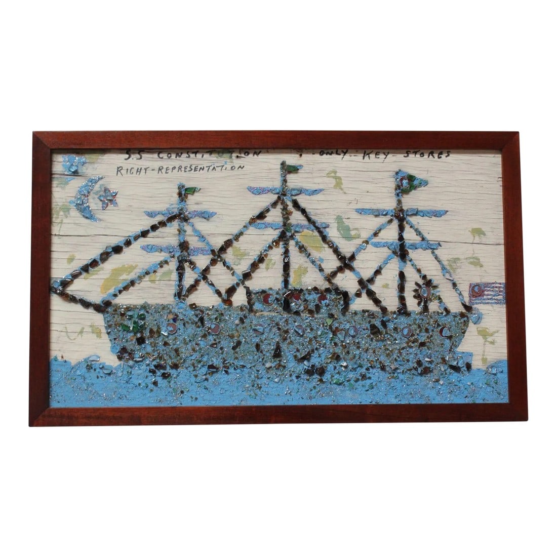 Folk Art Uss Constitution Mixed Media Sea Glass Mosaic on Board: Folk Art depiction of the USS Constitution composed of cut sea glass mosaic with copper coin decorative accents and hand-painted details on wooden board (ca. 1970s, USA). The text at the top reads: SS