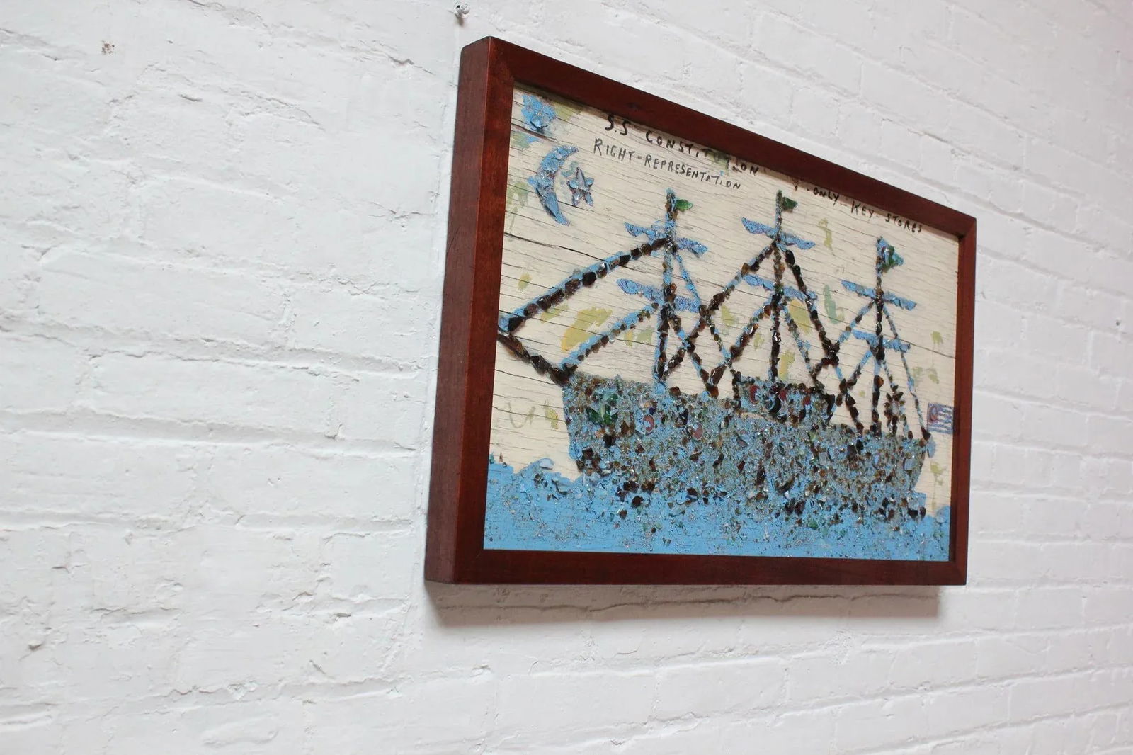 Folk Art Uss Constitution Mixed Media Sea Glass Mosaic on Board - 2