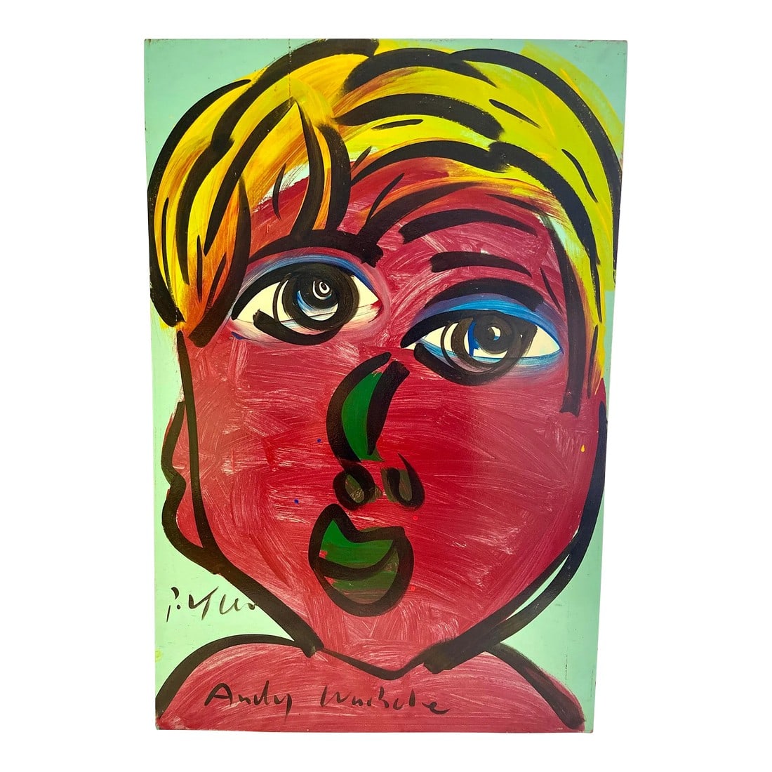 Peter Keil Abstract Painting on Board: Peter Kiel abstract painting on board. 'Andy Warhol' name printed below Artist signature ("P. Kiel"). Unframed. Multi colors of burgundy, yellow, green, and blue. Condition: Alterations: Original Cond