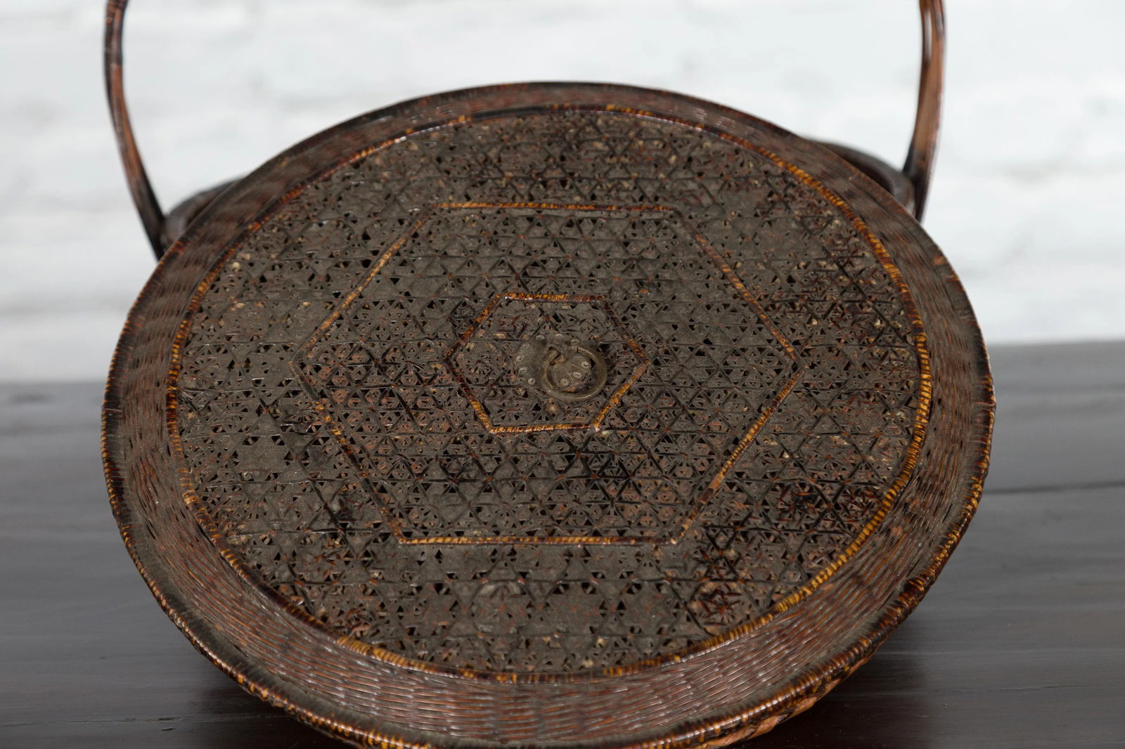 19th Century Chinese Qing Dynasty Handwoven Rattan & Bamboo Handled Basket - 12