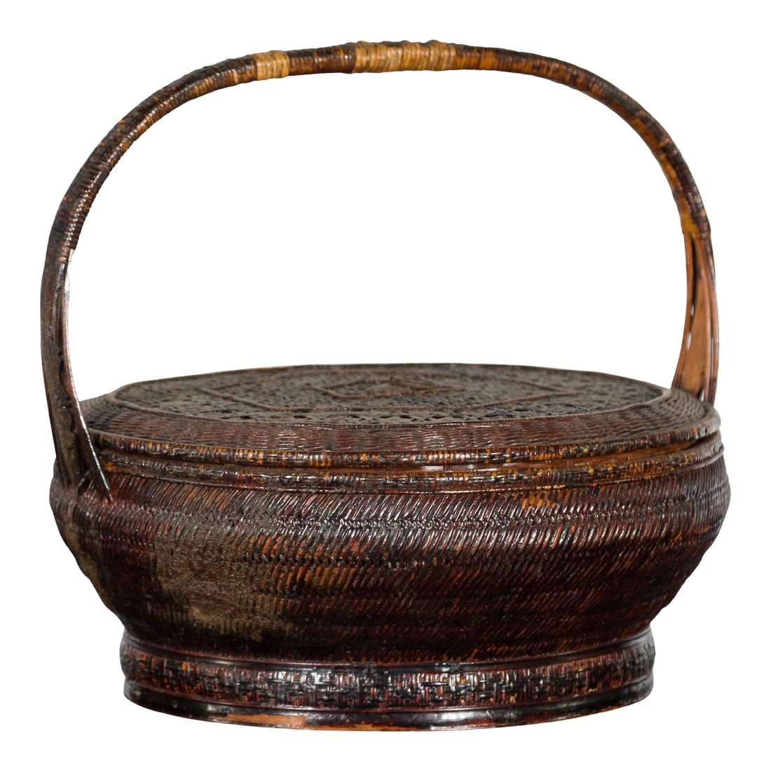 19th Century Chinese Qing Dynasty Handwoven Rattan & Bamboo Handled Basket (1 of 13)