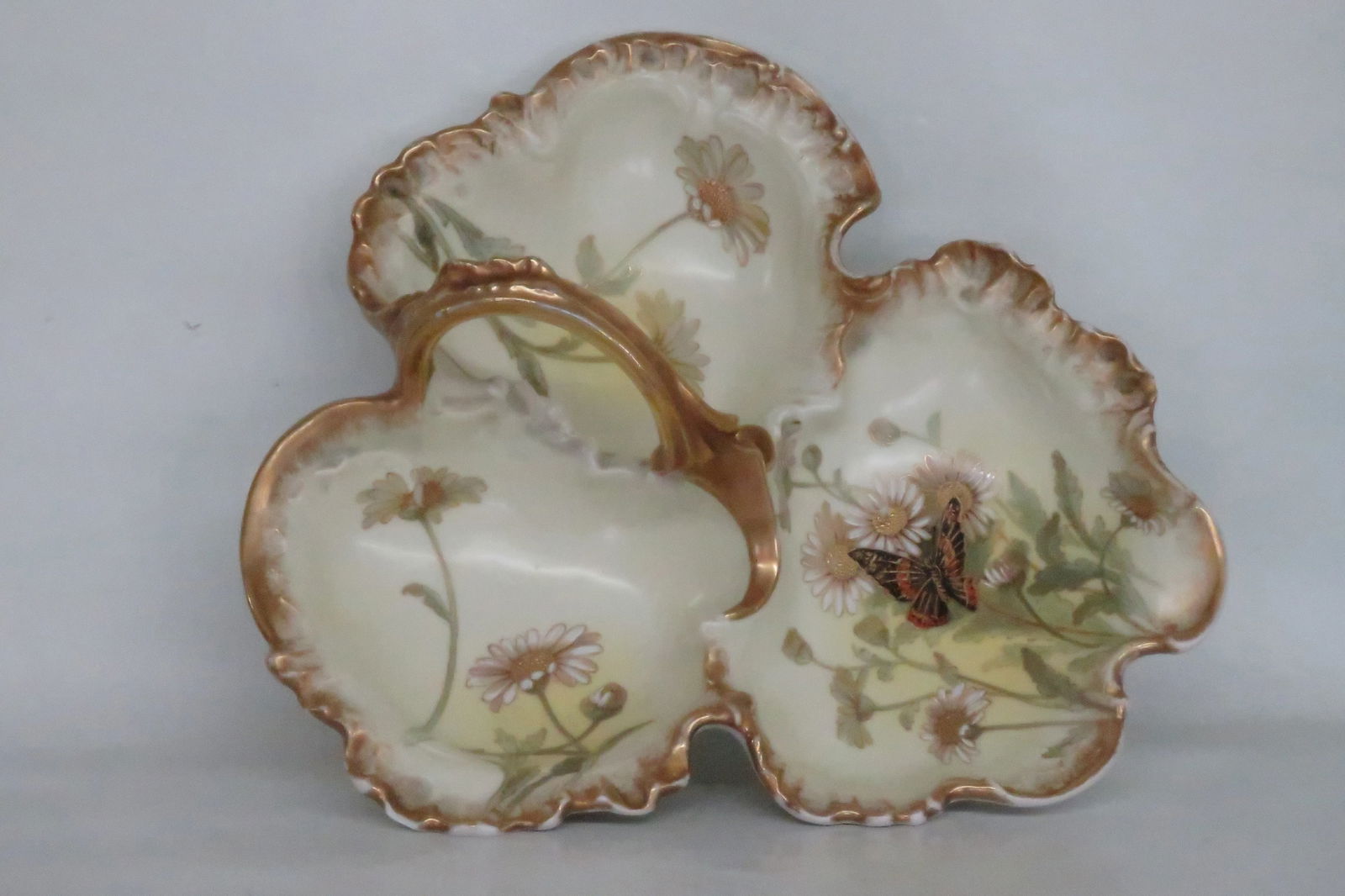 Limoges Divided Serving Dish Gilt Butterfly Flowers and Decorative Handle - 11