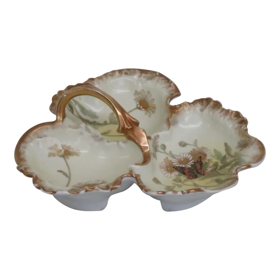 Limoges Divided Serving Dish Gilt Butterfly Flowers and Decorative Handle: This brilliant Serving Plate Basket is made of porcelain. This gorgeous plate is stamped on the bottom with the Limoges France mark, see pictures, and is an exquisite example of Limoges porcelain; it