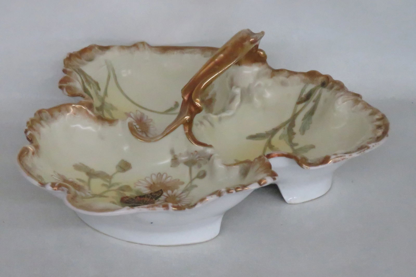 Limoges Divided Serving Dish Gilt Butterfly Flowers and Decorative Handle - 2