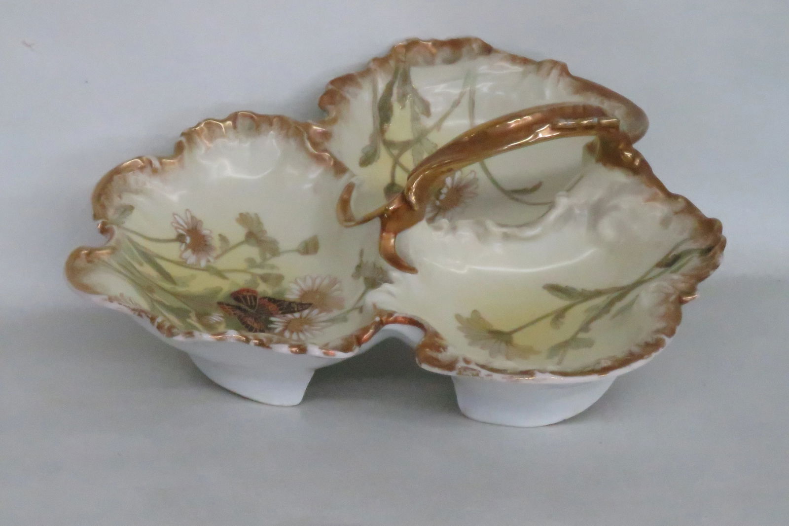 Limoges Divided Serving Dish Gilt Butterfly Flowers and Decorative Handle - 5