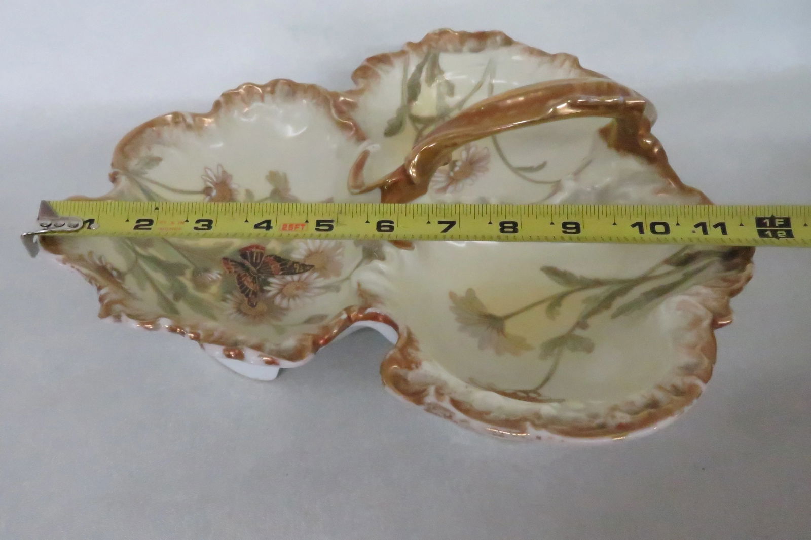 Limoges Divided Serving Dish Gilt Butterfly Flowers and Decorative Handle - 6