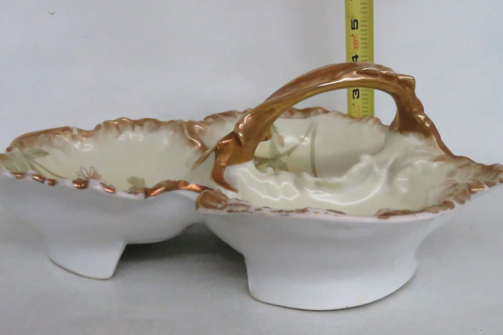 Limoges Divided Serving Dish Gilt Butterfly Flowers and Decorative Handle - 7