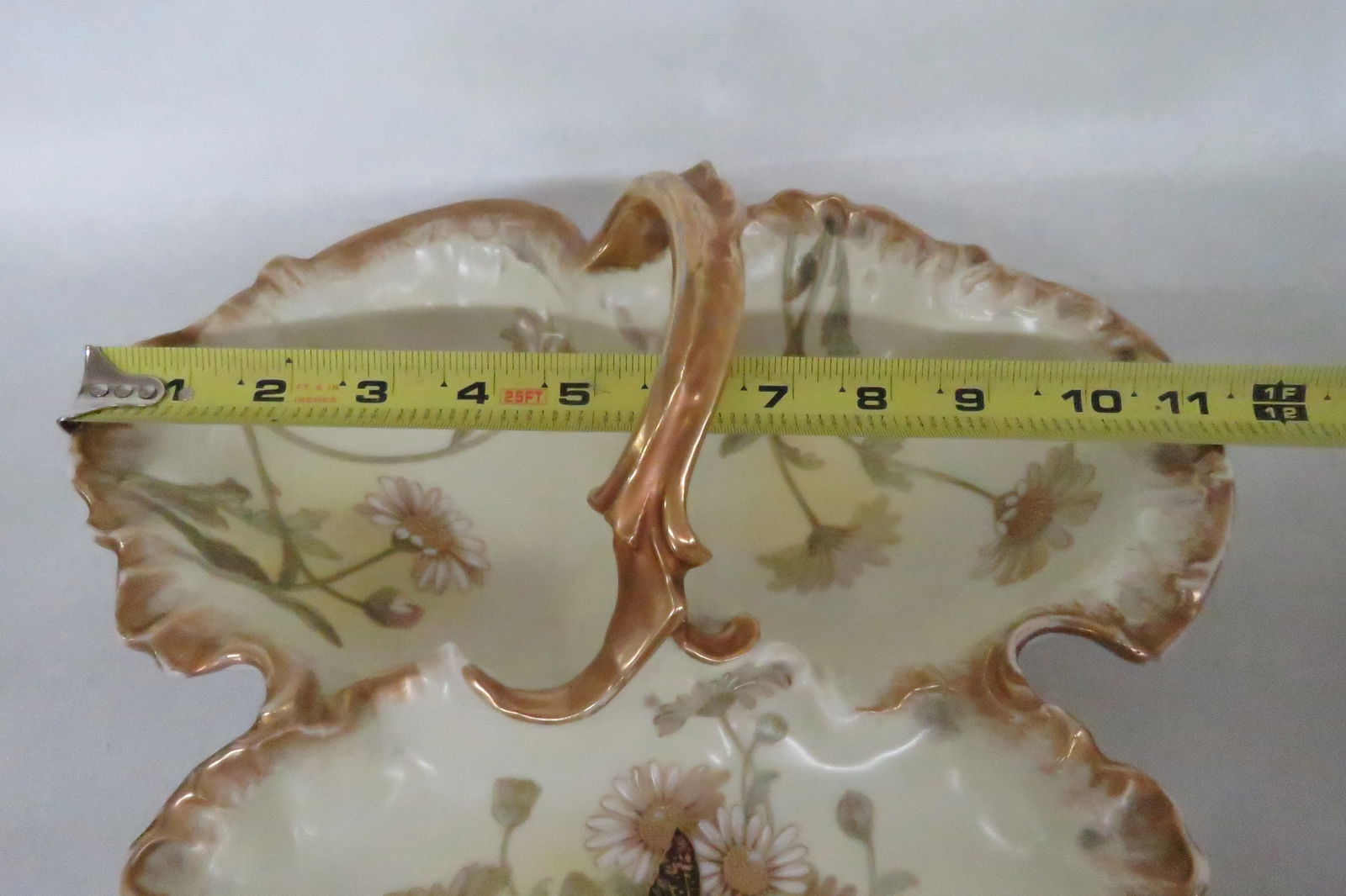 Limoges Divided Serving Dish Gilt Butterfly Flowers and Decorative Handle - 8