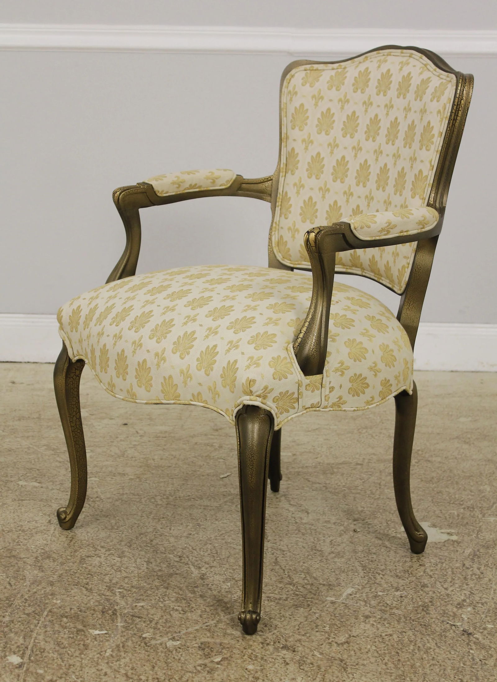 Gold French Louis XV Style Open Arm Upholstered Chair - 13