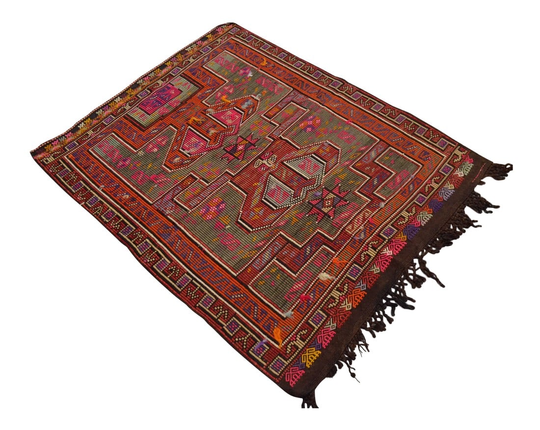 Turkish Rug Hand Woven Tribal Kilim Rug - 3'10" X 4'11": Material of this rug is wool on wool. The condition is very good. It has been newly washed and is ready to use. Rug is not perfectly rectangular. All corners bend. Please check photo #7 for missing