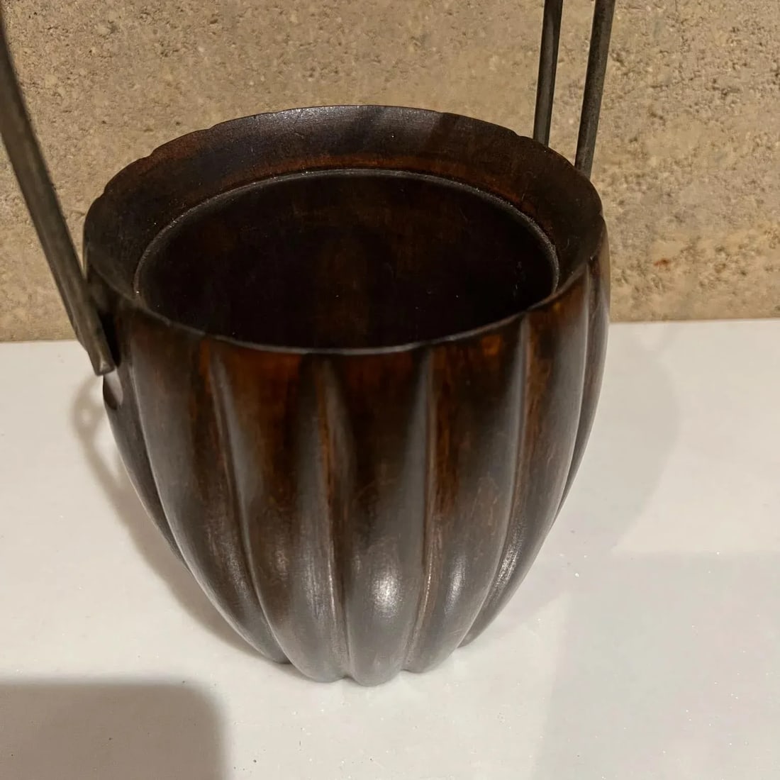 1950s Aldo Tura Macabo Cusano Wood Basket Brass Handle Milano Italy - 2