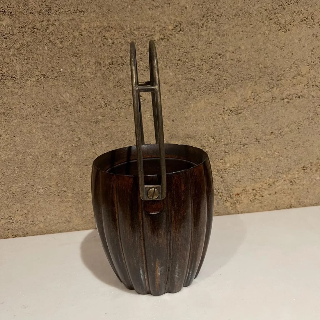 1950s Aldo Tura Macabo Cusano Wood Basket Brass Handle Milano Italy - 5