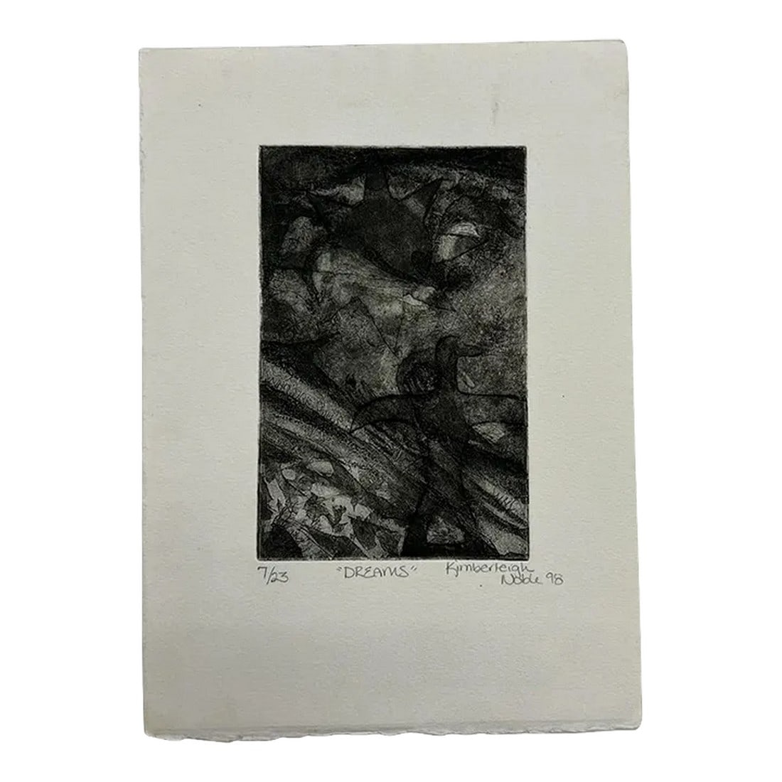 Dreams 7/23 Kimberleigh Noble 1998 Woodblock Etching Art: AMBIANIC presents Dreams 7/23 Kimberleigh Noble 1998 Woodblock Etching Art Woodblock, etching print. Signed in pencil lower corner. 8 w x 11.25h art 4.38 x 6.75 Preowned vintage condition original
