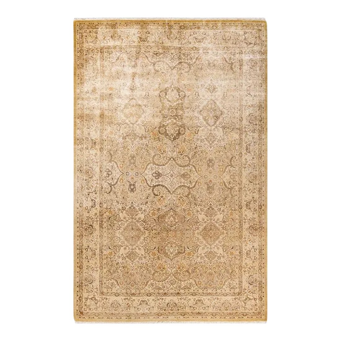 Mogul, One-of-a-Kind Hand-Knotted Area Rug in Green, 6' 1" x 9' 3": With understated palettes and allover designs, the rugs in the Mogul Collection will bring timeless sophistication to any room. Influenced by a spectrum of Turkish, Indian, and Persian designs, the ar