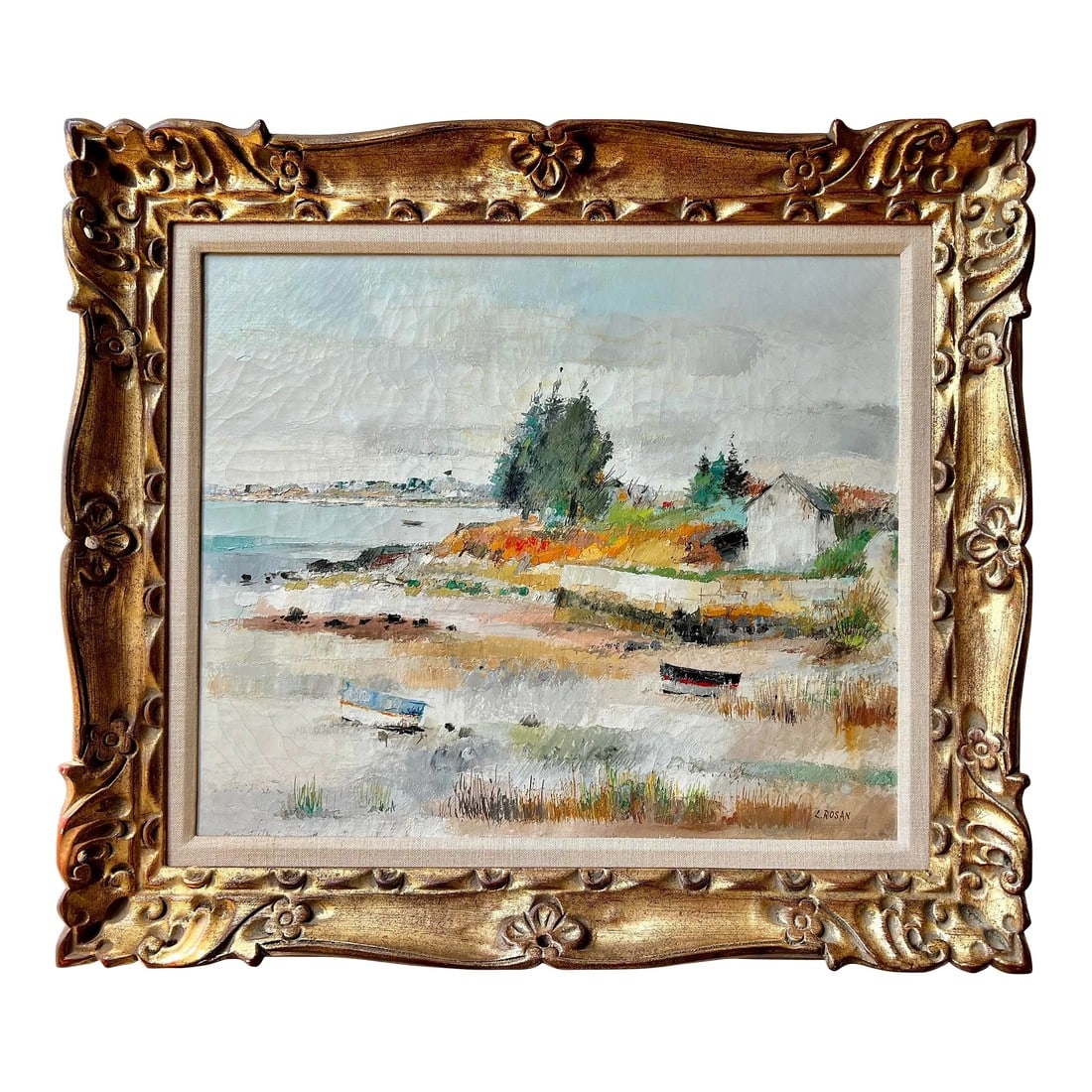 Original Impressionist Oil Boats on a Beach Painting Signed by Louis Rosan: Elegant oil on canvas original painting by Louis Rosan, a French Postwar & Contemporary painter who was born in 1926. This signed impressionist painting depicts two boats on a beach. Both the frame an