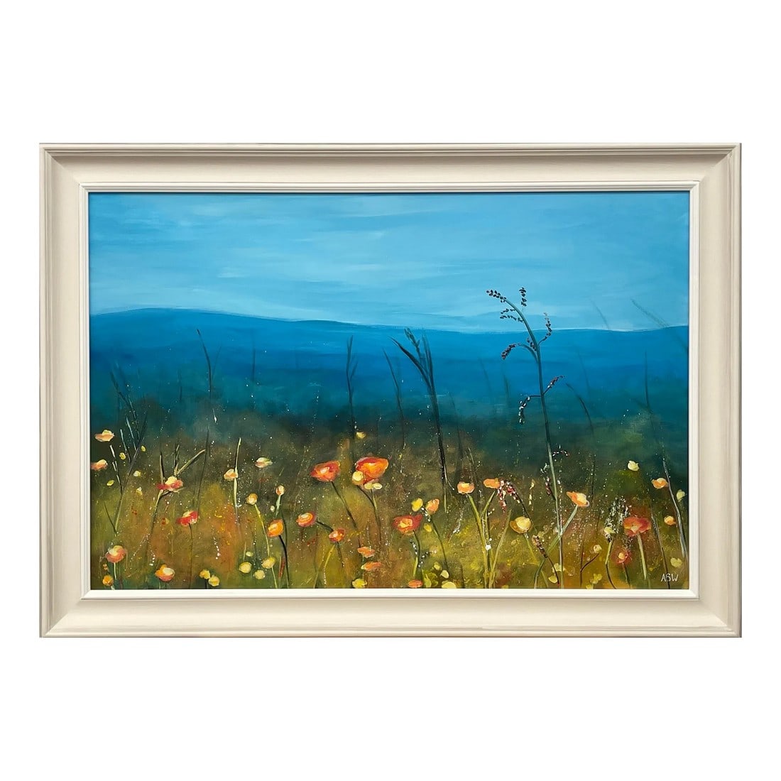 Wild Yellow Flowers in Meadow Moorland Landscape by Contemporary British Artist: Painting of Wild Yellow Flowers in Meadow Moorland Landscape by Contemporary British Artist, Angela Wakefield. Art measures 36 x 24 inches Frame measures 42 x 30 inches Angela Wakefield has twice