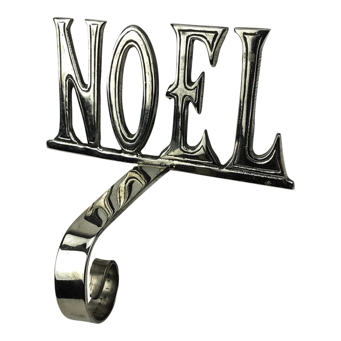 Vintage Pewter Single Stocking Holder Noel: Silver finish over pewter or stainless steel. I can't be sure, but never mind. This beauty will hold your stocking on the fireplace mantle in style. In wonderful vintage condition. Condition: Alterati
