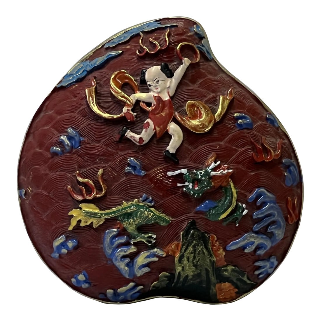 Chinese MIX Color Red Resin Lacquer Peach Shape Box Display Art: This is a handmade Chinese accent decorative box ( in a peach heart shape ) made of resin lacquer mixed material. The surface is carved with a relief pattern of oriental flowers and Nezha dragon. 