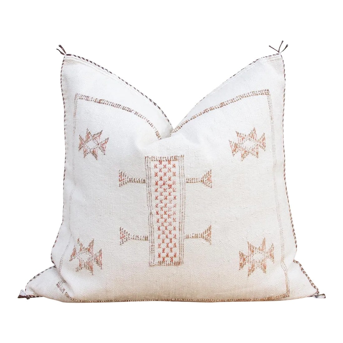Eggshell White Moroccan Silk Rug Pillow: This gorgeous pillow is entirely hand-woven from silk that comes from a Sabra cactus plant. Every pillow is beautifully embroidered with a unique tribal motif that varies from every other pillow. Each