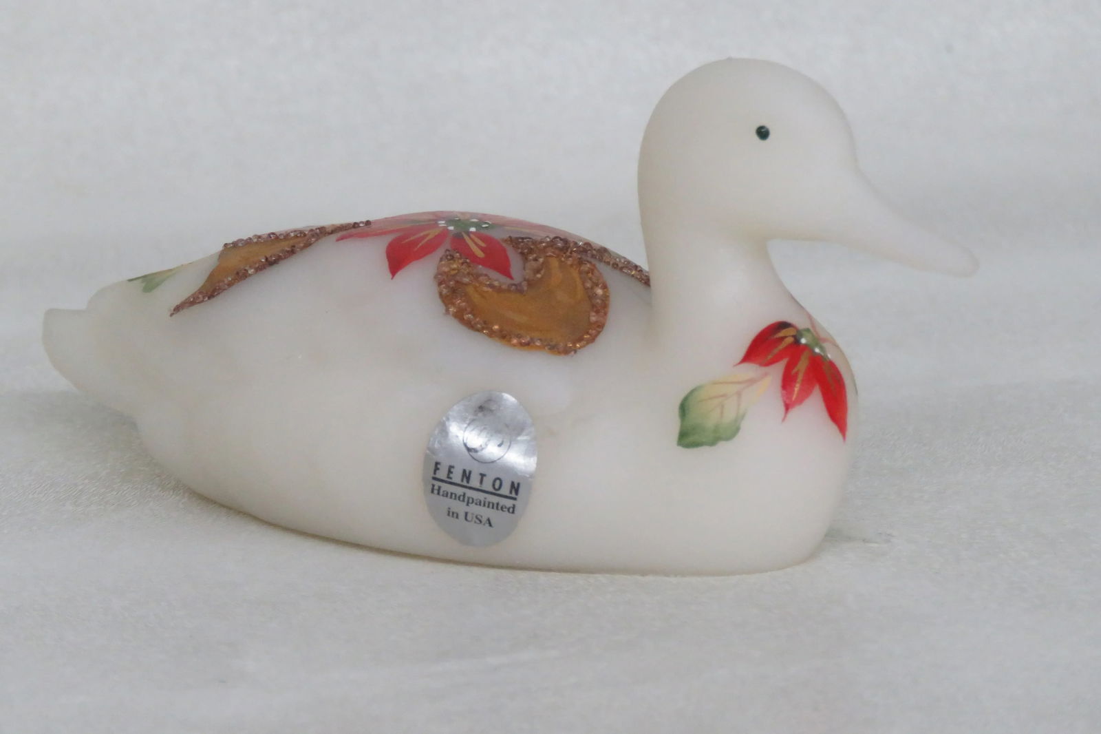 Fenton Satin Glass Hand Painted Poinsettia Duck Christmas - 13