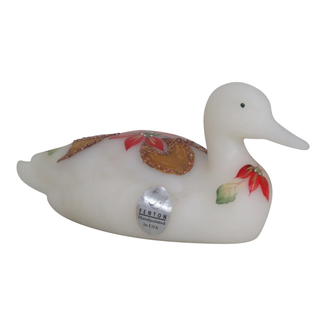 Fenton Satin Glass Hand Painted Poinsettia Duck Christmas: This highly charming Duck Figurine is made of glass. This Figurine was made by Fenton and it is labeled and sign by the artist, it is wonderfully hand painted with Poinsettia flowers motifs that decor