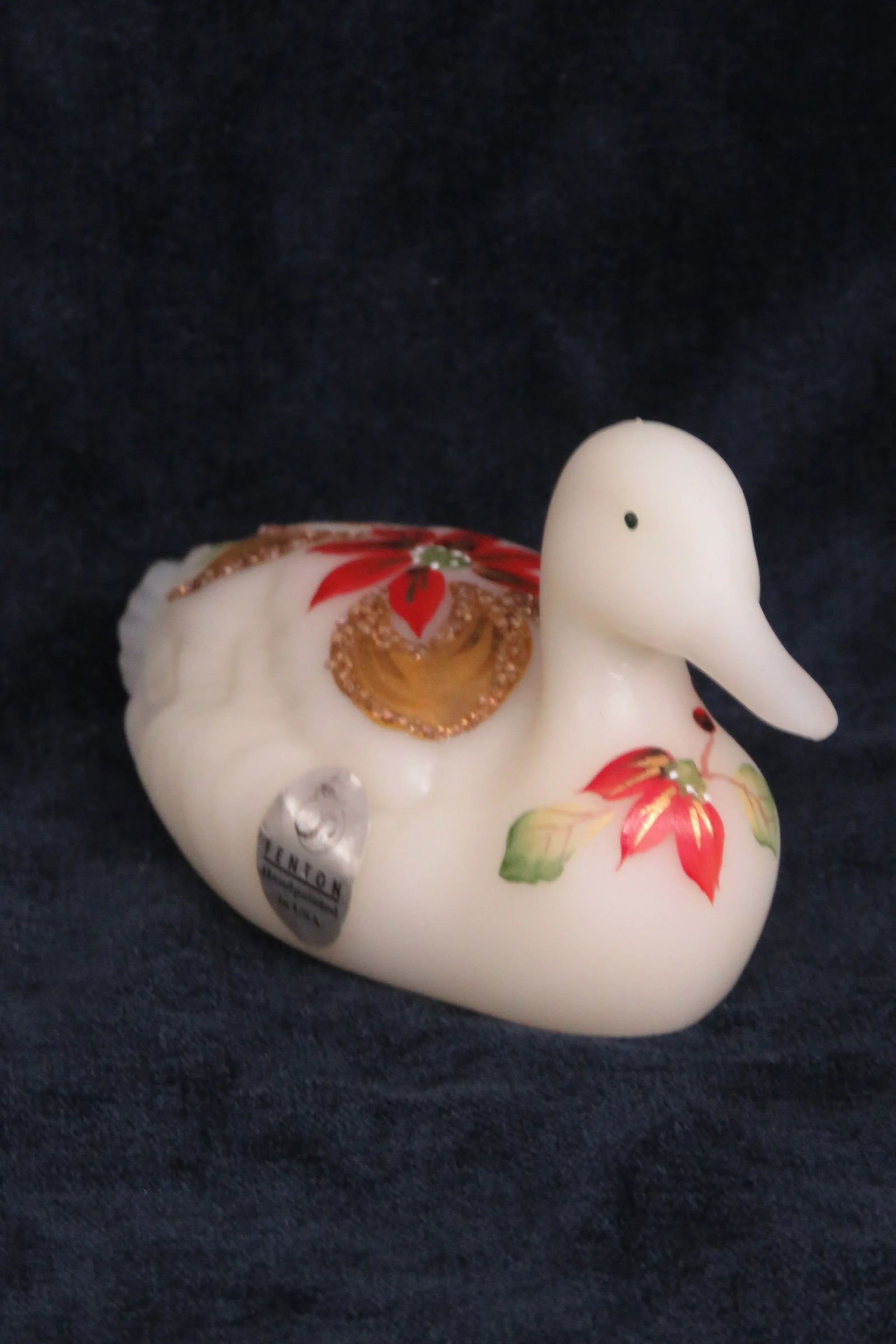 Fenton Satin Glass Hand Painted Poinsettia Duck Christmas - 2