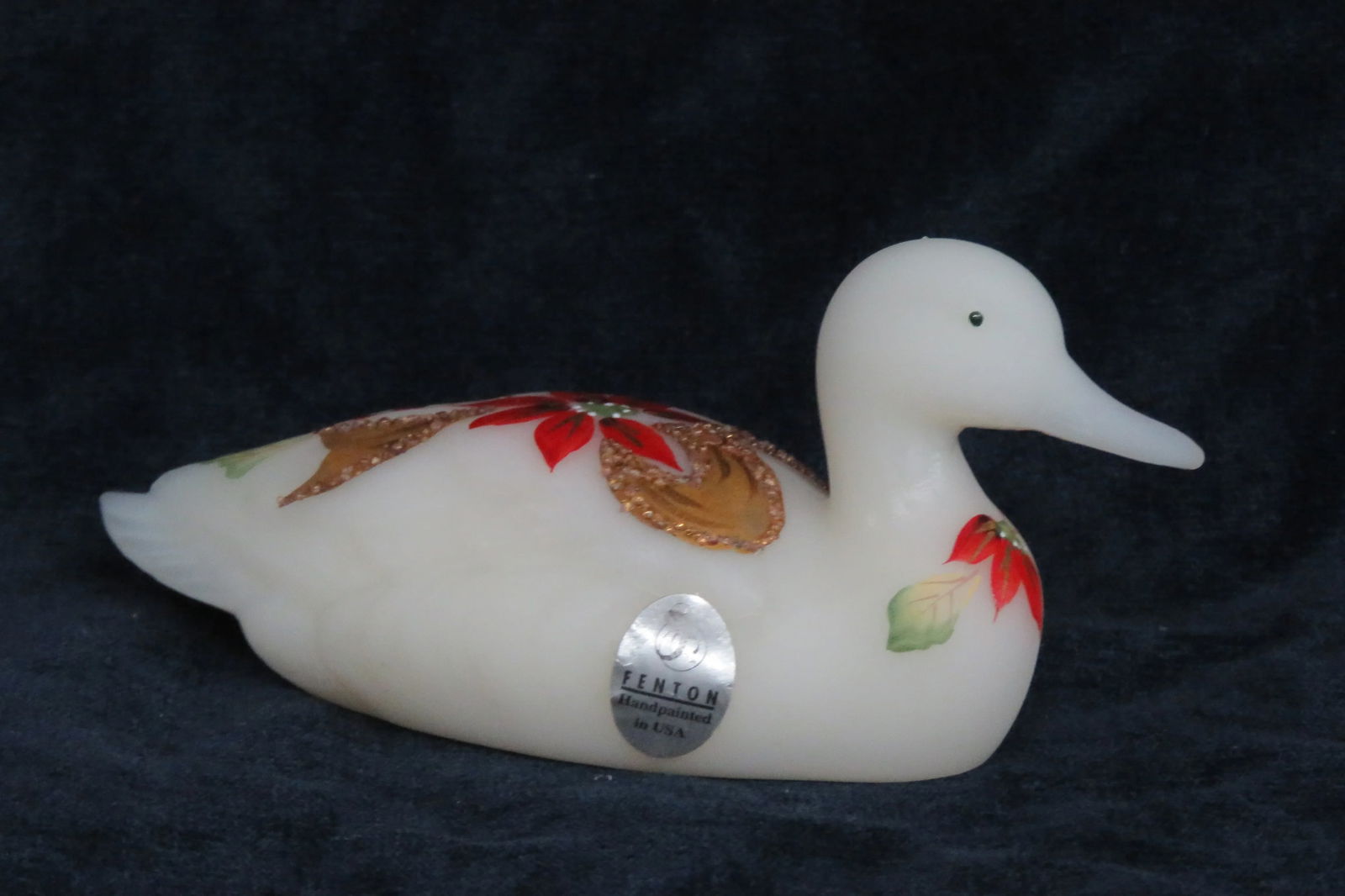 Fenton Satin Glass Hand Painted Poinsettia Duck Christmas - 3