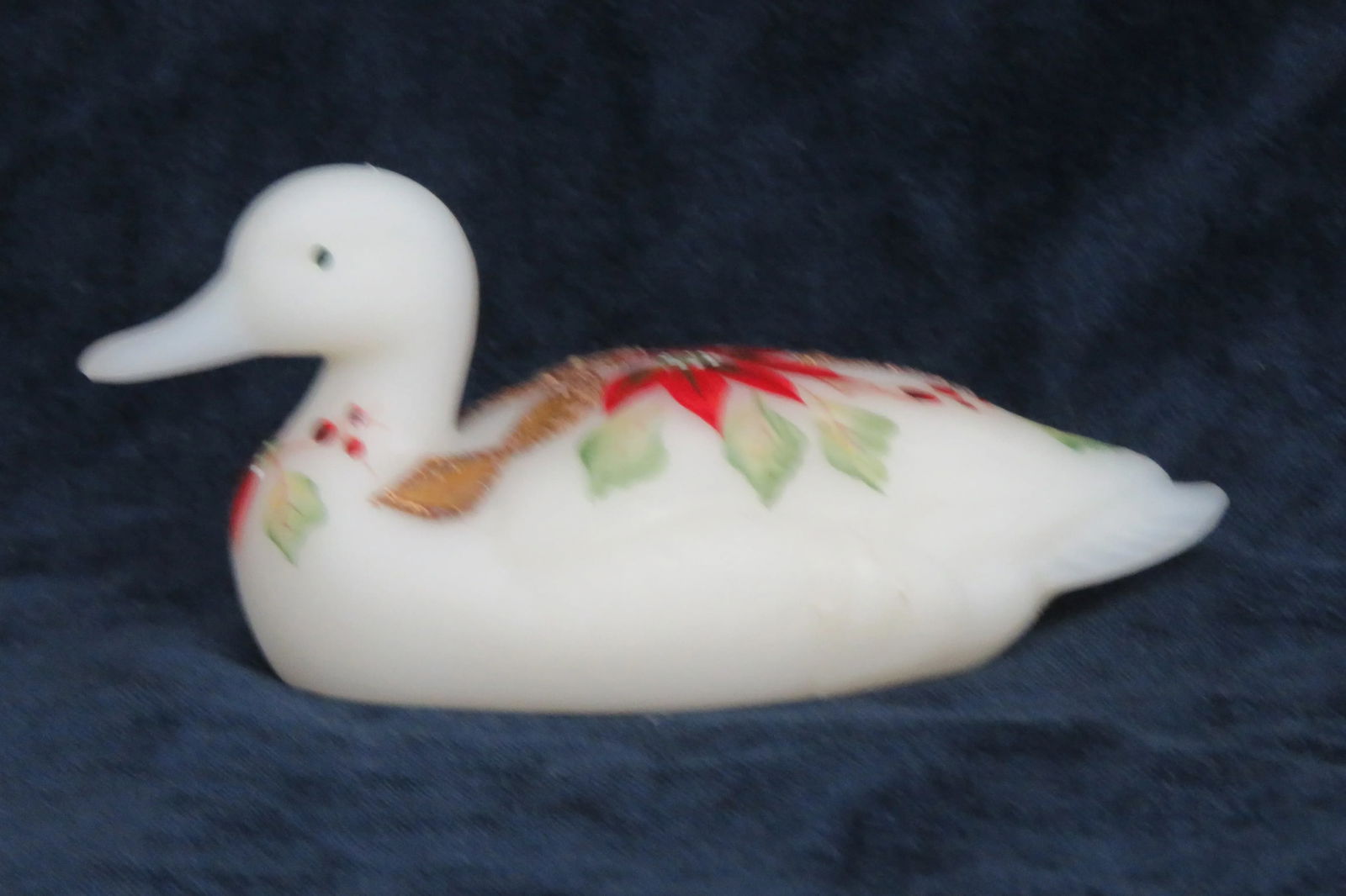 Fenton Satin Glass Hand Painted Poinsettia Duck Christmas - 5