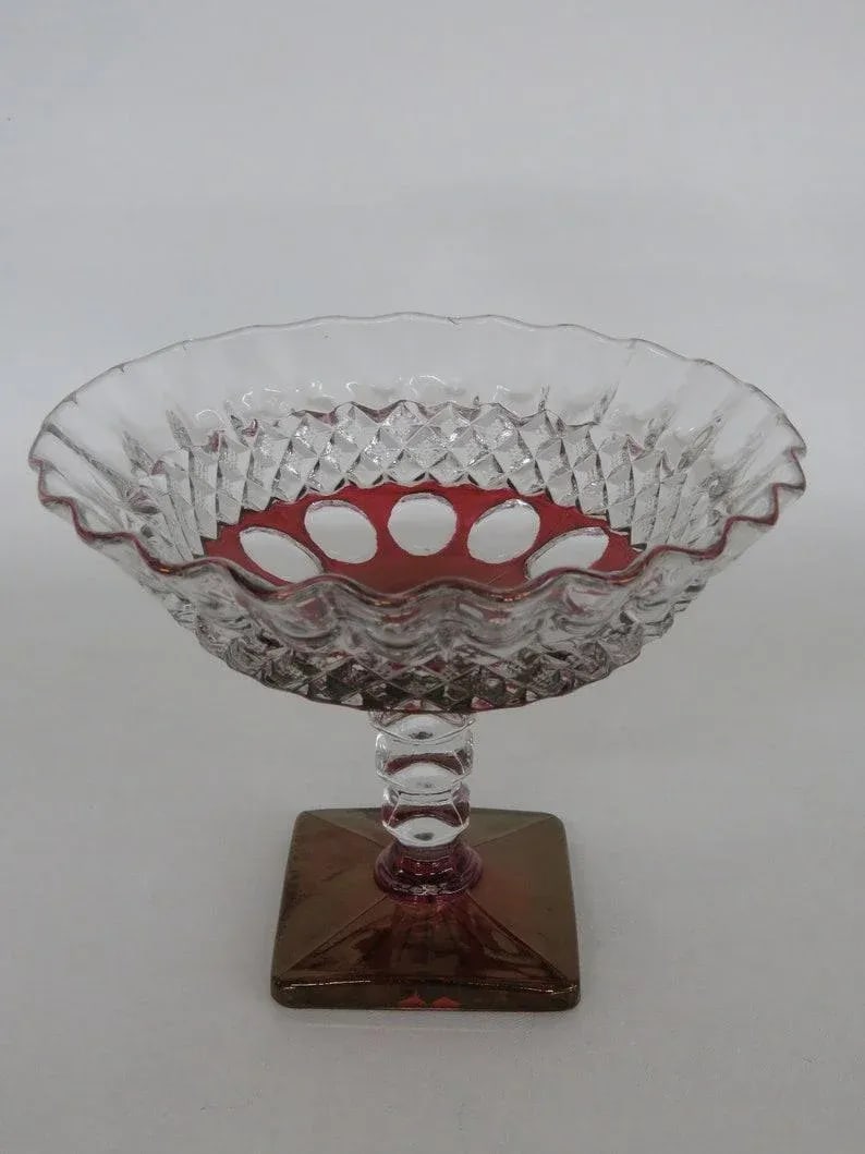 Westmoreland Glass Waterford Wakefield Ruby Cut to Clear Compote Candy Dish - 10