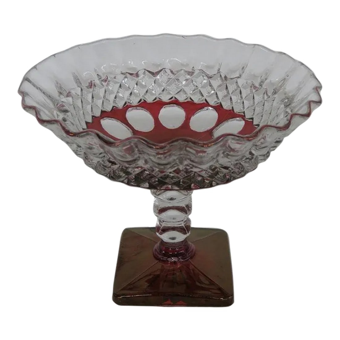 Westmoreland Glass Waterford Wakefield Ruby Cut to Clear Compote Candy Dish: This gorgeous Candy Dish / Compote is made of glass. This lovely Compote is stamped as being made by Westmoreland Glass on the bottom, see pictures, and is made in their wonderful Waterford /